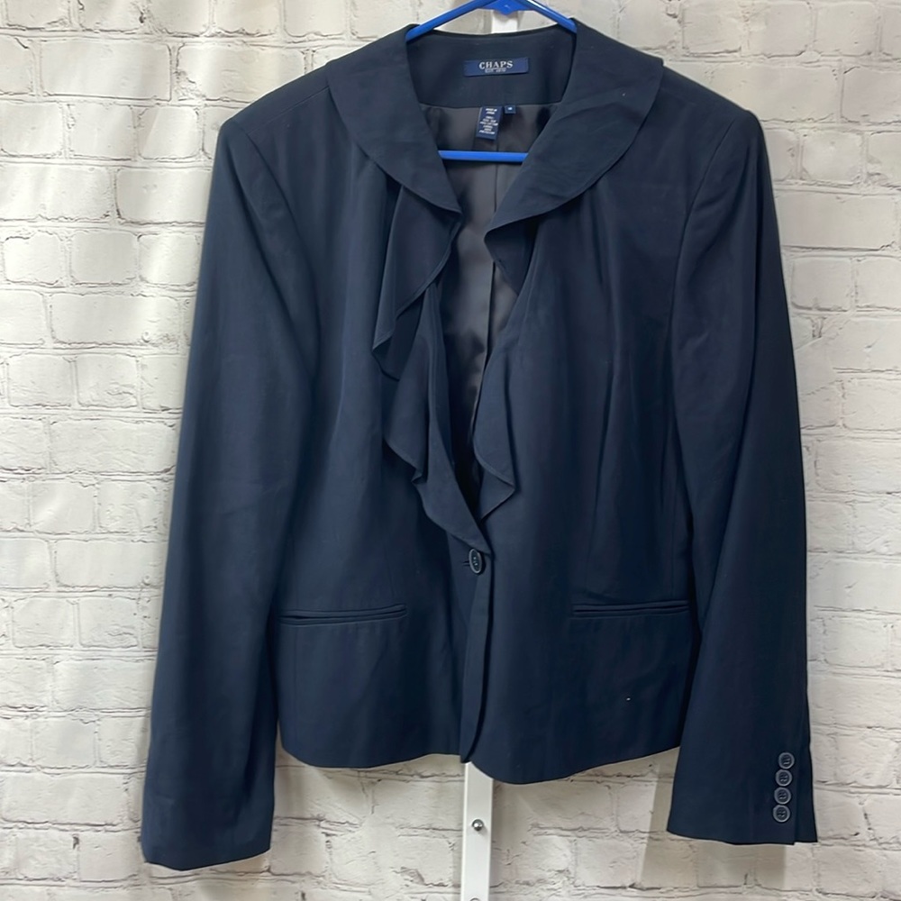 Chaps ruffled front collar silk blend navy medium button blazer
